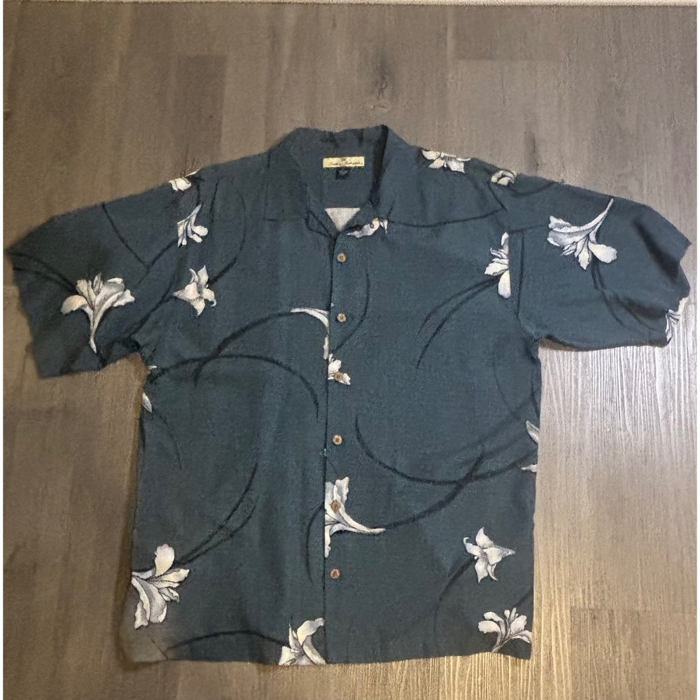 Tommy Bahama Shirt Mens L Teal Blue 100% Silk Floral Lily Camp Collar